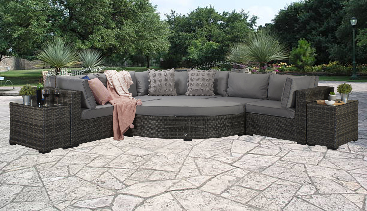 Signature Weave - Outdoor Furniture - Jessica Corner With Poof & End Tables In Mixed Grey